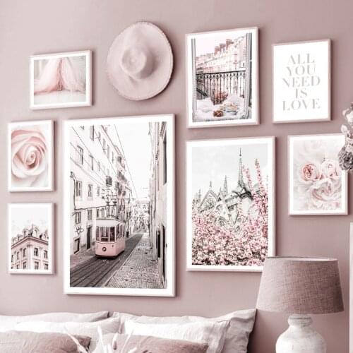 Notre Pink Sakura Rose Girl Tram Building Nordic Posters And Prints Wall Art Canvas Painting Wall Pictures For Living Room Decor
