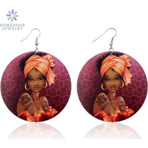 SOMESOOR Red Fabric Headwrap Beauty African Wooden Drop Earrings Afro Natural Hair Both Sides Printing Jewelry For Women Gifts