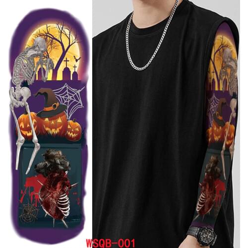 Temporary Tattoo Sticker Halloween Pumpkin Wizard Hat Moon Bat Skull Full Arm Art Flash Tatoo Sleeve FakeTatto for Men Women