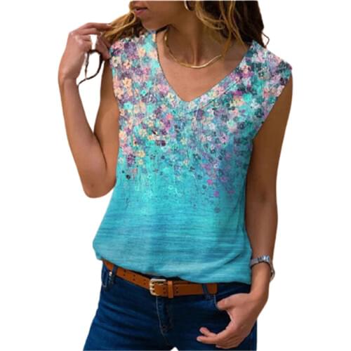 Plus Size 5XL Ladies Shirt Women Beach Summer Sleeveless Floral Print V-neck Casual Loose Female Tshirt Tops Street Tank T Shirt