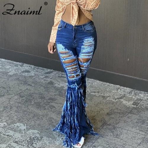 Znaiml Dark Blue Ripped Jeans For Women Tassel Patchwork Flare Jeans Fringe High Waisted Jeans Vintage Bell Bottom Denim Pants