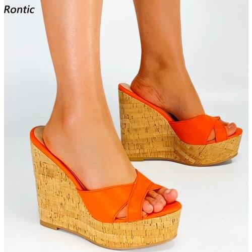 Rontic New Handmade Women Mules Sandals Unisex Wedges Heels Open Toe Black Casual Shoes US Size 5-20