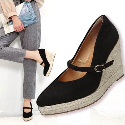 LIHUAMAO Suede wedges espadrilles shoes platform lace up pointed toe party office lady casual women hgih heel shoes increasing