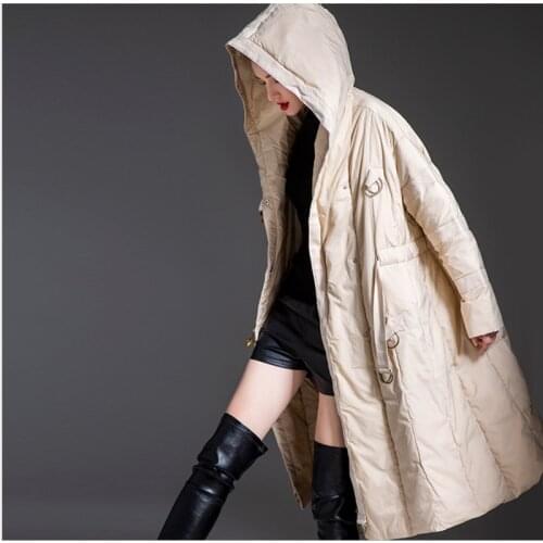 Female creamy-white Hooded long down jacket with belt women Over the knee A-line slim down jacket lady white duck down coat