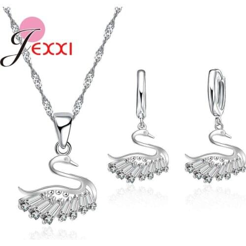 Animal Swan Pendants Necklaces Earring Set For Women Cubic Zircon 925 Sterling Silver Bridal Wedding Engagement Jewellery
