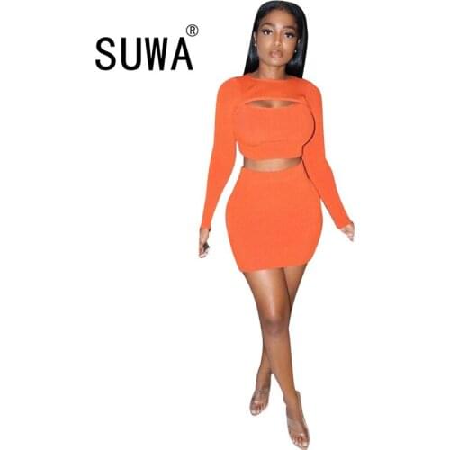 Sexy Club 2 Pieces Matching Sets Women Front Hollow Out Long Sleeve Crop Top Tunic Mini Bodycon Skirts Free Shipping