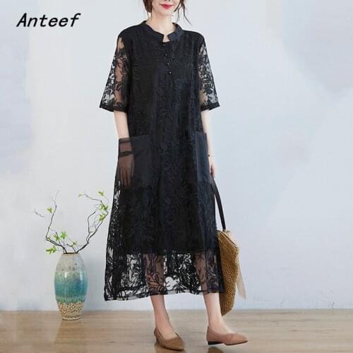 Short sleeve mesh lace vintage floral dresses for women casual loose long women summer dress elegant clothes 2021