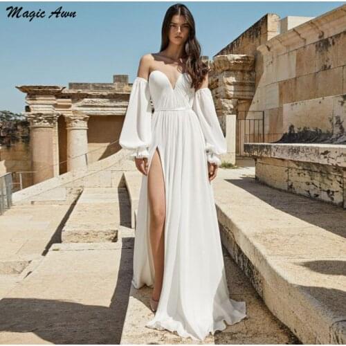 Magic Awn New Bohemian Chiffon Wedding Dresses Sweetheart Detachable Full Sleeves Simple Beach Mariage Gowns Side Slit Vestidos