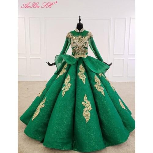 AnXin SH Luxury princess golden flower green lace beading crystal ruffles high neck long sleeve wedding dress 100% real photo
