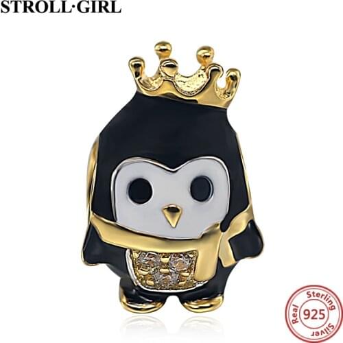 Fine Cute 100% 925 Sterling Silver Enamel Crown Penguin Charm Beads Fit European Bracelet Pendant Original Jewelry Gift