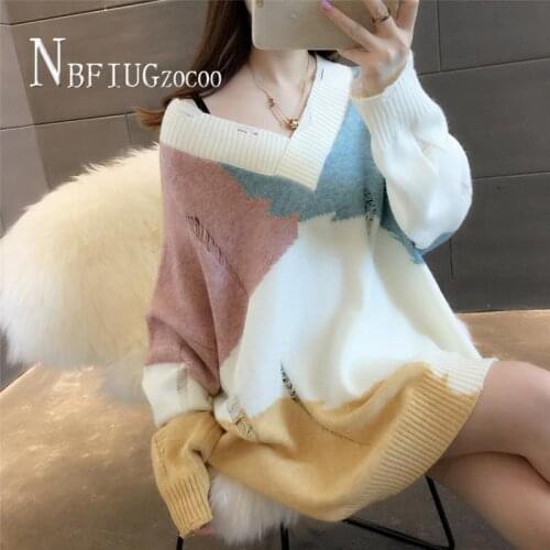 2020 V Neck Loose Knitting Women Sweater Long Sleeve Hole Female Sweaters