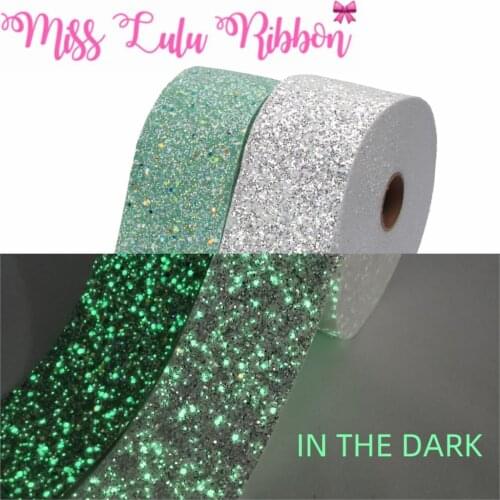 3"75mm Shiny Glitter Chunky Vinyl Ribbon Glow in the Dark Christmas Green DIY Hair Bowknots Party Decor 20yards/roll