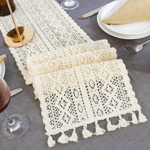 Beige Crochet Lace Table Runner with Tassel Cotton Wedding Decor Hollow Tablecloth Nordic Romance Table Cover Coffee Bed Runners