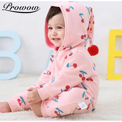 Prowow Girls Baby Overalls Cherry Newborns Jumpsuit For Kids Girls Clothes Soft Baby Sleepwear Hooded Sweet Childrens Clothing