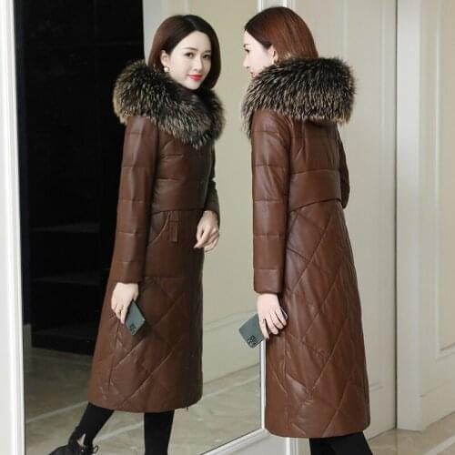 Long Genuine Leather Jacket Women Down Jackets Sheepskin Coat Female Winter Parkas Hooded Real Fur Collar Mujer Chaqueta Pph1806