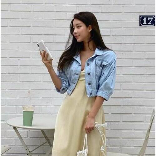 2020 new arrivals chic fashion denim single breasted solid turn-down collar short simple puff-slleeves streetwear basic jackets