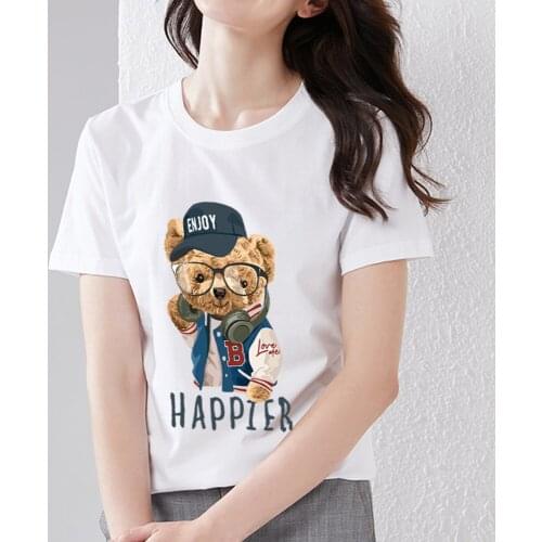Womens T-shirt Cartoon Cute Trendy Cool Bear Print Series Cute T-shirt Youth Commuter Breathable Soft Ladies Round Neck Top