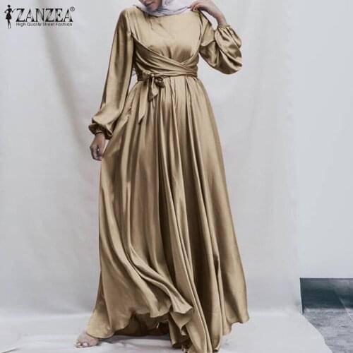 2021 ZANZEA Stylish Womens Satin Sundress Muslim Dress Long Sleeve Islamic Vestidos Female Marocain Turkish Maxi Robe Belted