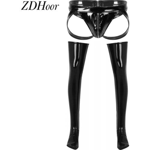 Mens Exotic Lingerie Sets Nightclub Wear Patent Leather Zipper Briefs Jockstrap Underwear with Thigh High Footed Length Stocking
