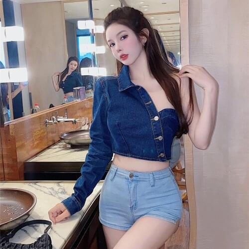 Short Denim Coat Women Fashion Fall Bodycon Outfit Irregular Cut Hollow One Shoulder Long Sleeve Slim Jean Jacket Sexy Crop Top