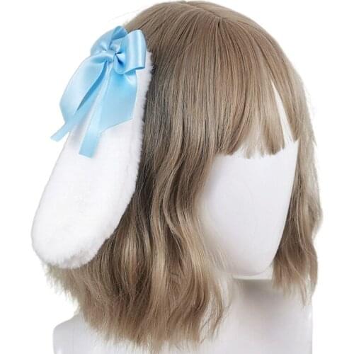 Lolita Anime Bunny Ears Ribbon Bowknot Hairpins Plush Rabbit Animal Lop Ear Kawaii Hair Clips Headpiece Cosplay Costume