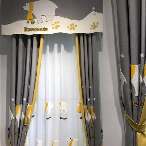 Cartoon Towel Embroidered Childrens Room Cotton and Linen Curtains Bedroom Shading Polar Bear Curtains for Boys Room