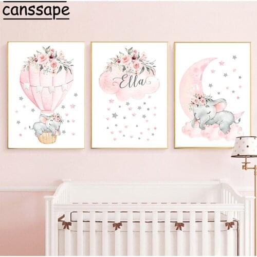 Custom Name Canvas Painting Nursery Art Print Pink Elephant Paintings Flowers Poster Nordic Wall Pictures Girls Bedroom Decor