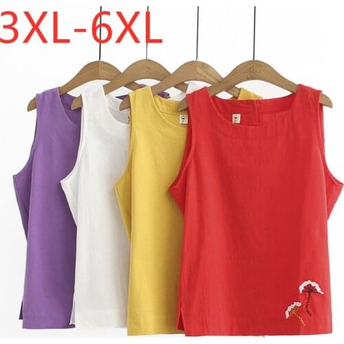 New 2021 Ladies Summer Plus Size Tank Tops For Women Large Sleeveless Loose Red Yellow Cotton Linen Vest Tops 3XL 4XL 5XL 6XL