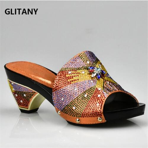Orange Italian Ladies Shoes for Parties Rhinestoen Women Wedding Shoes High Quality Nigerian Shoes Low Heels Wedding Lady Shoes