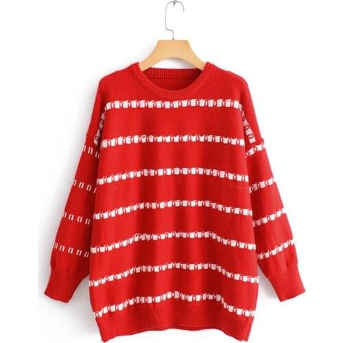 Autumn Winter Loose Striped Sweater Female Round Collar Long Sleeve Korean Pullover Student Casual Sweet Knitted Top Wear H9467