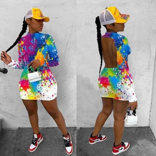 Autumn Print Women Mini Dress Backless Long Sleeve Fashion Party Night Clubwear Skinny vestidos