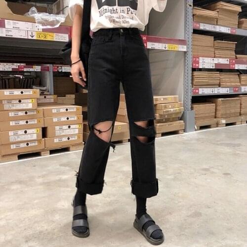 Casual Ripped Jeans Korean Style Pants for Men Women Hip Hop Black Denim Trousers Harajuku Streetwear Punk Goth Gothic Clothing