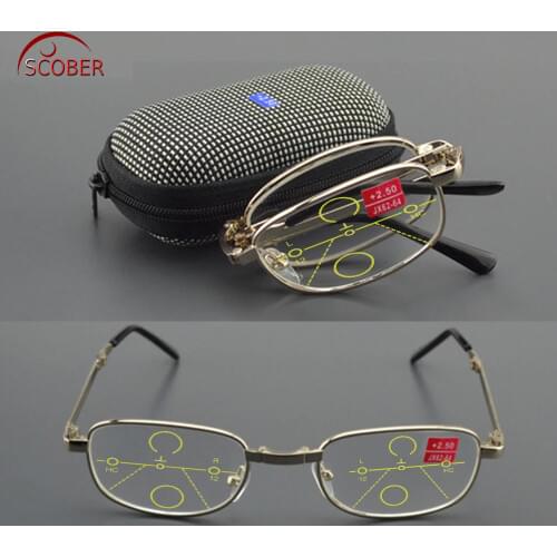 = SCOBER = Progressive Multifocal Reading Glasses foldable alloy frame with Portable Case See Near And Far TOP 0 ADD +1 To +4