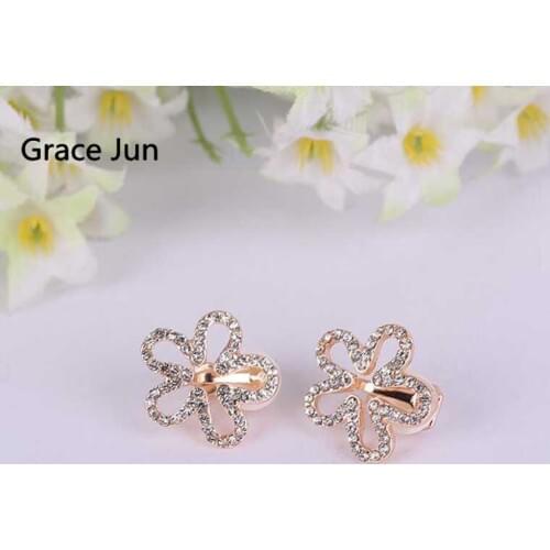 Rhinestone Hollow-out Flower Clip on Earrings Without Piercing for Women Luxury Fashion Cuff Cushion Earrings Gorgeous Brincos