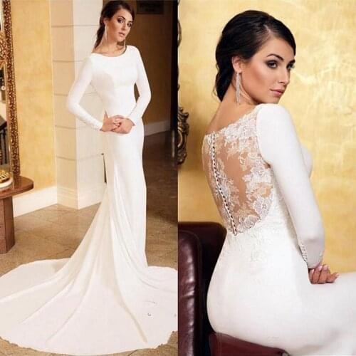 Modern Simple Ivory Mermaid Long Sleeves Bridal Wedding Dresses Jewel Neck Wedding Gowns for Bride Lace Back On Sale 2021