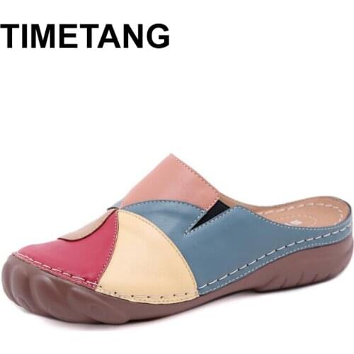 TIMETANG Plus Size 42Women Shoes Mix Color Retro Slippers High Quality PU Leather Patchwork Mules Lightweight Cozy Sandal Ladies