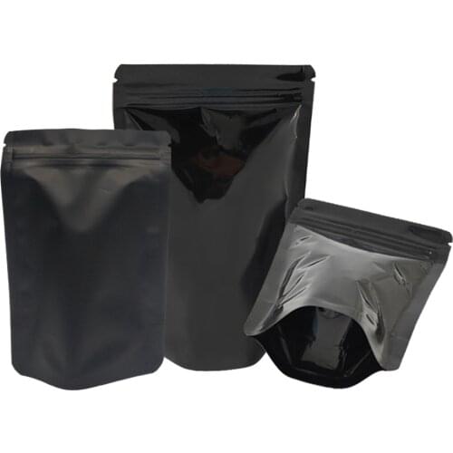 Thick 50pcs Glossy / Matte Black Smell Proof Doypack Food Powder Storage Bags Heat Sealable Aluminum Foil Stand Up Zip Lock Bags