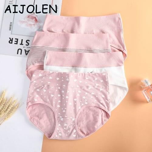 AIJOLEN Pink Love Printed Panties High Waist Abdomen Cotton Underpants Pink White Stitching Soft Breathable Womens Briefs