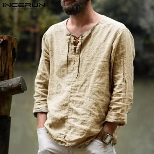 INCERUN Vintage Men Shirt Solid Long Sleeve V Neck Lace Up Cotton Blouse Streetwear Cosplay Tops 2021 Casual Camisa Masculina