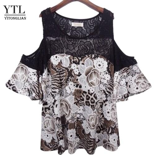 YTL New Style Plus Size 4XL 5XL 6XL Women Summer Tops Off Shoulder Floral Printed Crochet Lace Patchwork Blouse Shirt H097