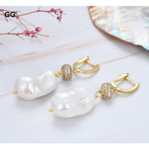 GuaiGuai Jewelry Natural Pearl Cultured White Keshi Baroque Pearl CZ Paved Dangle Hook Earrings Trendy Style For Women