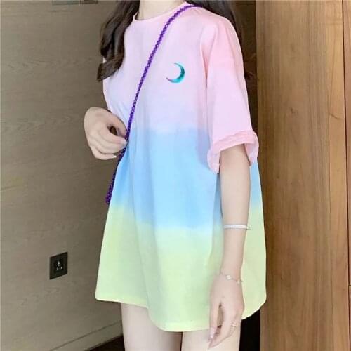 2021 Summer Korean Fashion Loose Oversized Rainbow Tie Dye Womens T-shirt Japanese Streetwear Harajuku Style Female Tops Y2k