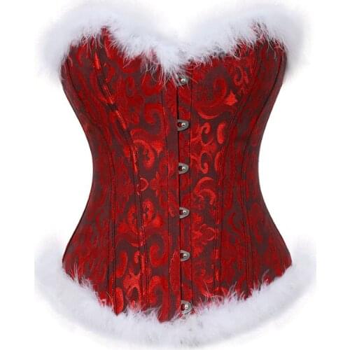 Women Sexy Jacquard Feathers Overbust Corset Christmas Santa Costume Burlesque Vintage Floral Slim Corset Bustier Lingerie Top