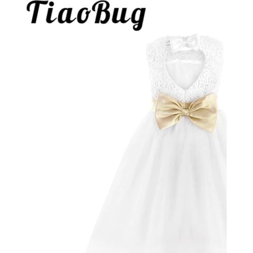 TiaoBug White Flower Girl Dress Kids Pageant Birthday Formal Party Lace Long Dress Bowknot First Communion Dress Prom Gown 2-12Y