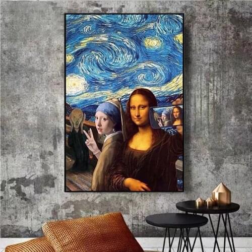 The girl with pearl earrings and the Mona Lisa under the starry night posters and prints on the wall painting art pictures