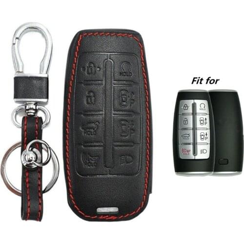 For 2020 2021 Hyundai Genesis G80 Black Leather 8 Buttons Key Case Cover Chain Keychain Remote Key Fob Case Cover