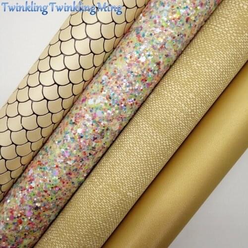 YELLOW Glitter Fabric, Mermaid Faux Fabric, Denim Synthetic Leather Fabric Sheets For Bow A4 21x29CM Twinkling Ming XM736