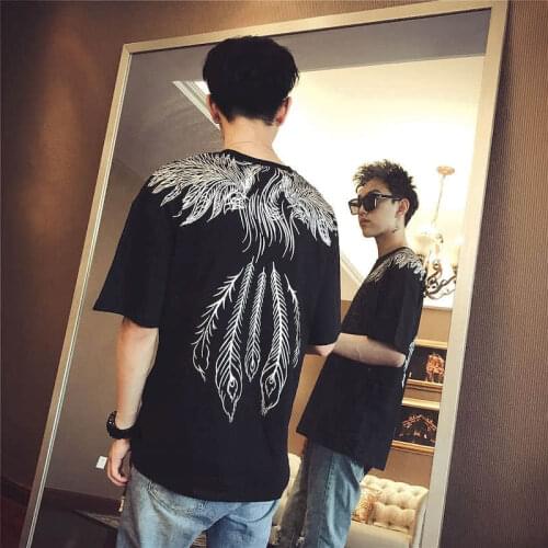 Summer phoenix print short-sleeved T-shirt lovers loose hip-hop five-point sleeve mens all-match Punk Gothic high street tshirt