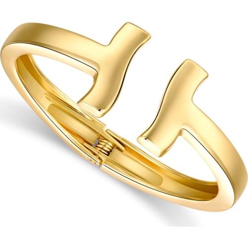 HAHA&TOTO Gold Plated Double T Bangle Cuff Bracelet for Women Men Unisex Style Trendy Statement Bracelet Party Prom Jewelry