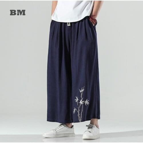 Chinese Traditional Clothes Loose Embroidery Plus Size Wide Pants 2021 Harajuku Oversized Casual Trousers Men Clothing Hanfu